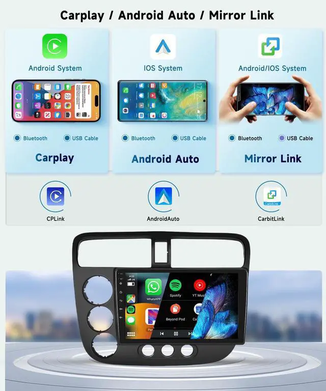 Alt view image 3 of 6 - 8 Core 4G+64G Car Radio for Honda Civic 2001 2002 2003 2004 2005, Wireless Apple Carplay Android Auto Car Stereo, 9 IPS Touchscreen with WiFi, GPS, Bluetooth,FM/RDS, 32EQ DSP, Rear Camera