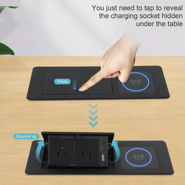 Alt view image 4 of 6 - Pop Up Outlet with 15W Wireless Charger, Power Strip with 2 AC Outlets, USB A and USB C Charging Ports Recessed Multimedia Strip Socket Hidden Table Connection Box with Outlet (Black-F-Wireless)