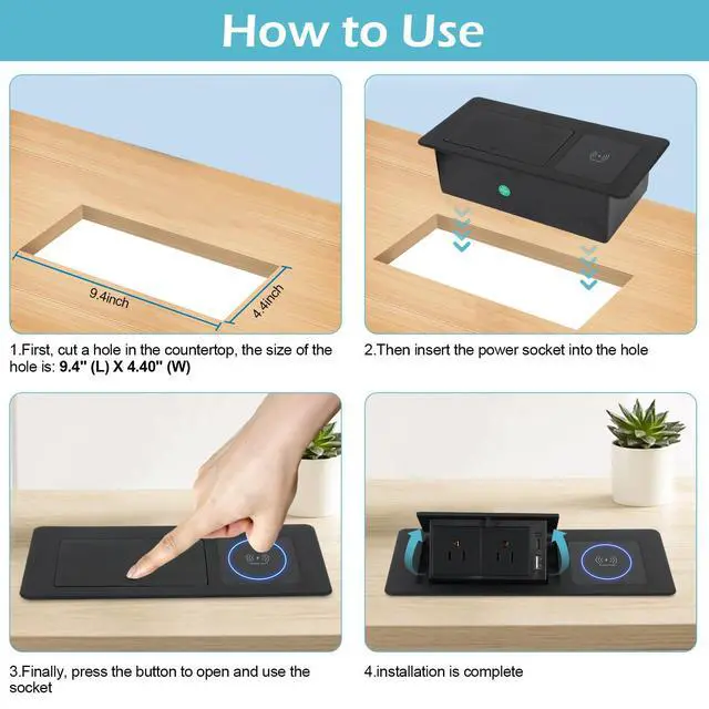 Alt view image 5 of 6 - Pop Up Outlet with 15W Wireless Charger, Power Strip with 2 AC Outlets, USB A and USB C Charging Ports Recessed Multimedia Strip Socket Hidden Table Connection Box with Outlet (Black-F-Wireless)