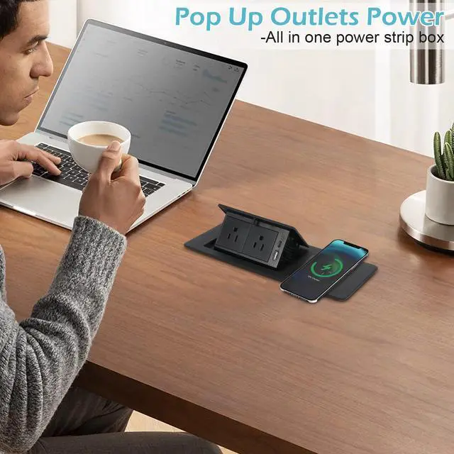 Alt view image 6 of 6 - Pop Up Outlet with 15W Wireless Charger, Power Strip with 2 AC Outlets, USB A and USB C Charging Ports Recessed Multimedia Strip Socket Hidden Table Connection Box with Outlet (Black-F-Wireless)