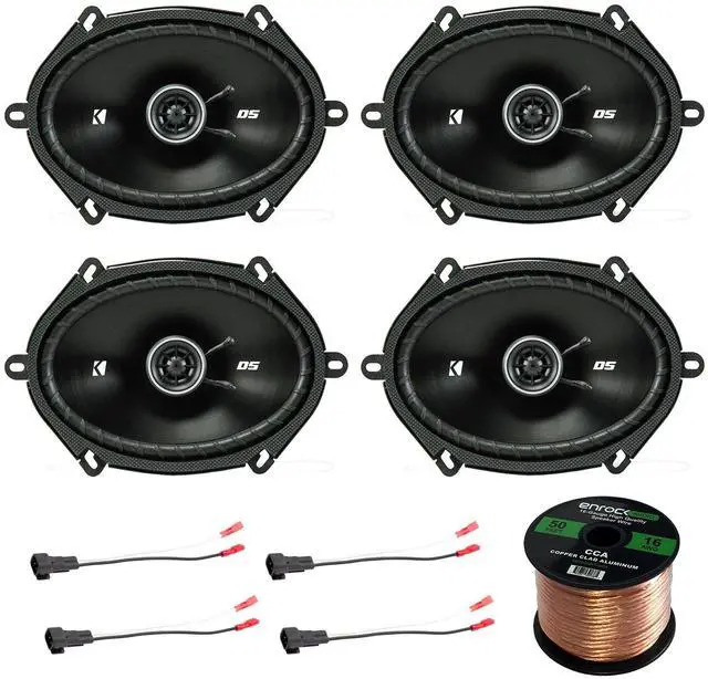 Main image of 4x Kicker D-Series 6x8" 200 Watt 2-Way 4-Ohm Car Coaxial Speakers, 4X Enrock 16 Gauge Speaker Harness Adapter W/ Red Bullet for Select Ford Vehicles 1998-UP, Enrock Audio 16-Gauge 50 Foot Speaker Wire