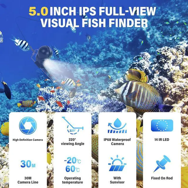 Alt view image 2 of 6 - 5inch Portable Fish Finder Camera Underwater Fishing Camera, 220° Wide Angle Infrared Night Vision, Host IP65 Waterproof Ice Fishing Camera for Ice, Lake and Boat (B)