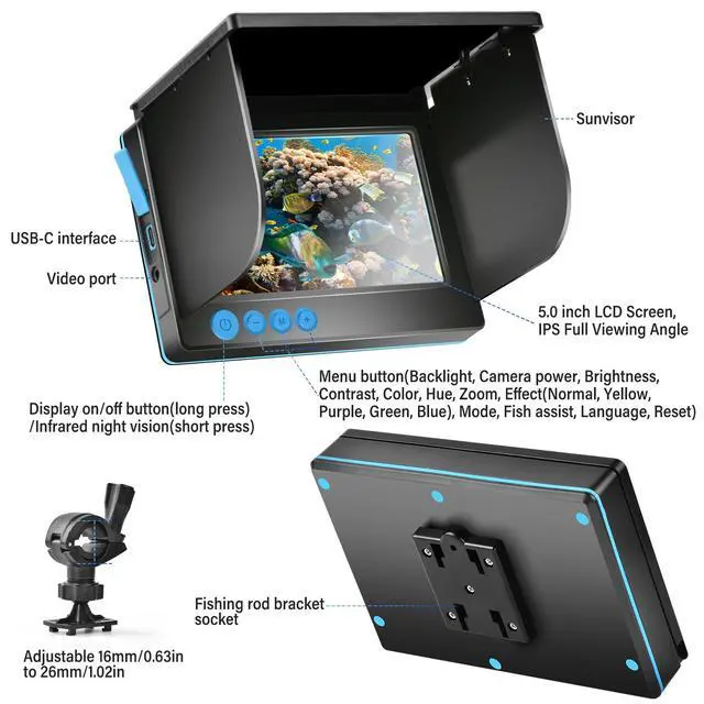 Alt view image 6 of 6 - 5inch Portable Fish Finder Camera Underwater Fishing Camera, 220° Wide Angle Infrared Night Vision, Host IP65 Waterproof Ice Fishing Camera for Ice, Lake and Boat (A)