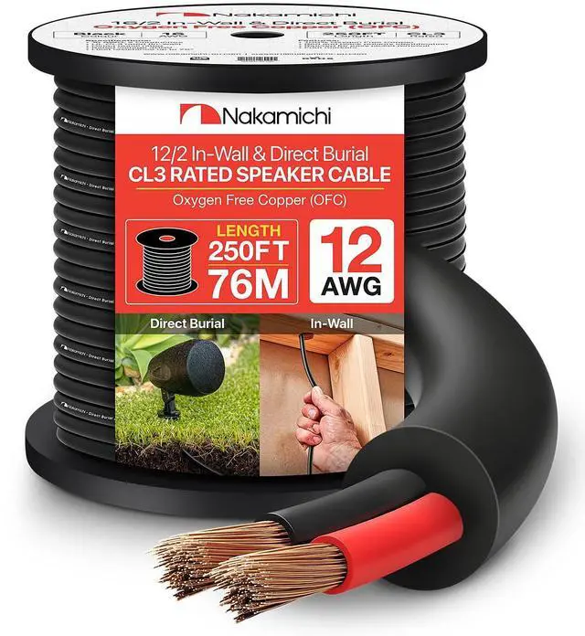 Main image of 12/2 (250-Foot) in-Wall & Direct Burial (UL CL2 CL3 Rated) Oxygen-Free Copper (OFC) 2-Conductor Speaker Cable Wire, Outdoor In-Ground, in-Ceiling, Riser, Black (12AWG / 250ft / 76.21m)