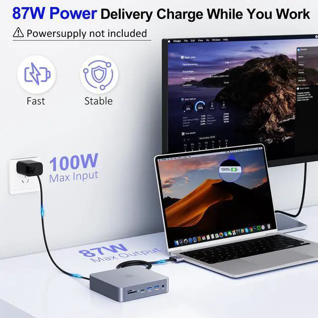 Alt view image 6 of 6 - 18-in-2 MacBook Docking Station Dual 4K Monitor for M1-M5 Pro/Max, USB C Docking Station with 100W Power Delivery, MacBook Dock with 2 HDMI, VGA, 6 USB, 1Gbps RJ45, USB 3.0 SD/TF, Audio