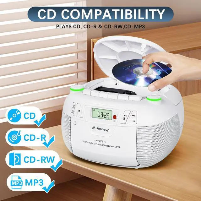 Alt view image 2 of 6 - Boombox CD Player Portable Cassette Player with CD MP3 Bluetooth AUX TF/USB AM/FM Radio AC/DC Powered with Remote Control, Headphone Jack, Stereo Sound for Home,Kids,Gift(White)