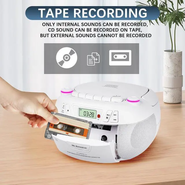 Alt view image 3 of 6 - Boombox CD Player Portable Cassette Player with CD MP3 Bluetooth AUX TF/USB AM/FM Radio AC/DC Powered with Remote Control, Headphone Jack, Stereo Sound for Home,Kids,Gift(White)