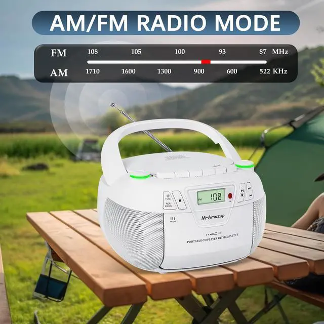 Alt view image 5 of 6 - Boombox CD Player Portable Cassette Player with CD MP3 Bluetooth AUX TF/USB AM/FM Radio AC/DC Powered with Remote Control, Headphone Jack, Stereo Sound for Home,Kids,Gift(White)
