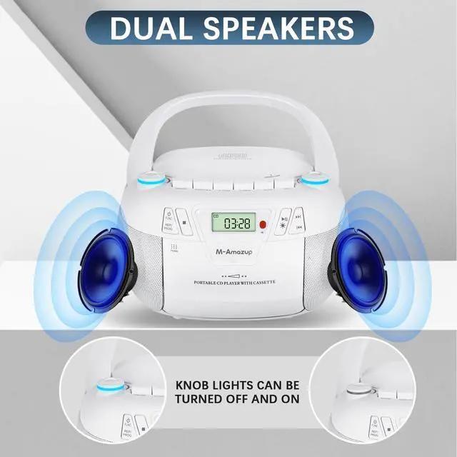 Alt view image 6 of 6 - Boombox CD Player Portable Cassette Player with CD MP3 Bluetooth AUX TF/USB AM/FM Radio AC/DC Powered with Remote Control, Headphone Jack, Stereo Sound for Home,Kids,Gift(White)