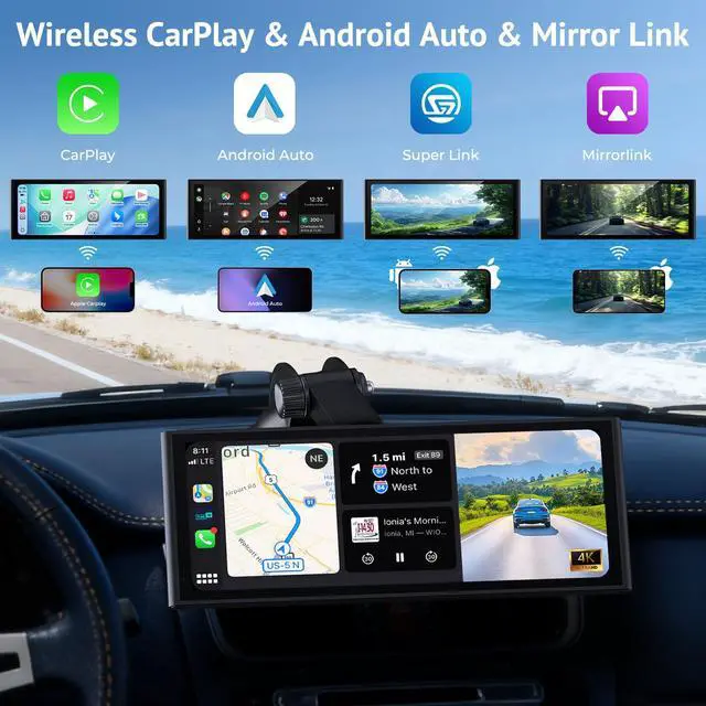 Alt view image 3 of 6 - 10.26" HD Wireless CarPlay Screen for Car Carplay & Android Auto | HD Touch Screen Car Stereo with 4K Dash Cam, 1080P Backup Camera, Mirror Link, GPS, Bluetooth, 64G TF, for All Vehicles