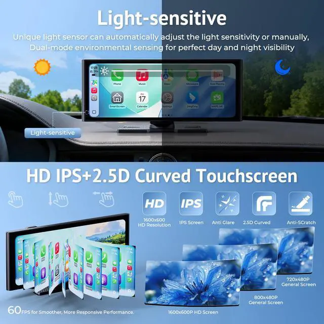 Alt view image 6 of 6 - 10.26" HD Wireless CarPlay Screen for Car Carplay & Android Auto | HD Touch Screen Car Stereo with 4K Dash Cam, 1080P Backup Camera, Mirror Link, GPS, Bluetooth, 64G TF, for All Vehicles