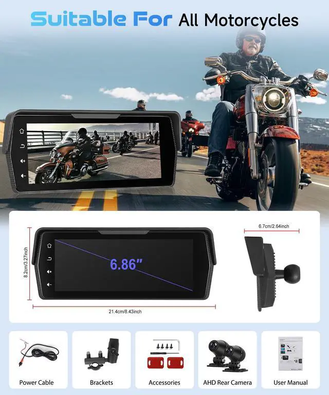 Alt view image 6 of 6 - 6.86 Inch Motorcycle Carplay GPS Navigation System, Android Auto Portable CarPlay Screen for Motorcycle, Dual Camera Video Recording, Dual Bluetooth Car Play Moto, Si-ri, Goo-gle Assistant, EQ