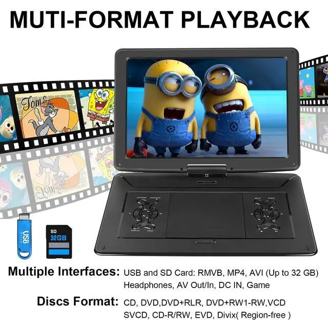 Alt view image 4 of 6 - 17.9" Portable DVD Player with 15.6" Large Screen, 6Hrs Play, Black | SYNC TV/USB/SD Card, DVD Player Portable with Dual Speakers, Last Memory, Play All Discs Format Except Blu-ray