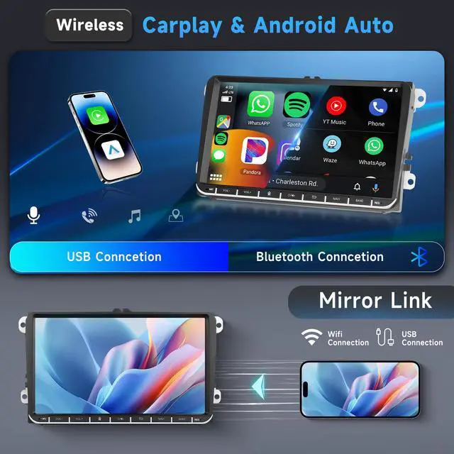 Alt view image 3 of 6 - 4G 64G Android Car Stereo for VW Passat Jetta Tiguan Golf MK5 MK6 T5 EOS Polo Touran Seat Sharan Carplay Android Auto Radio, 9'' Touchscreen Bluetooth Mirror Link WiFi GPS FM/RDS DSP Backup Camera
