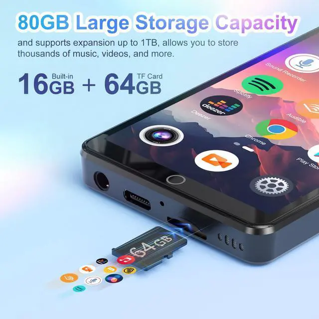 Alt view image 4 of 6 - 80GB MP3 Player with Bluetooth&WiFi, 4.0'' IPS Touch Screen MP4 Players, Android Music Player Built-in Camera, Speaker, Support Spotify, Amazon Music, Deezer, Audible, FM Radio, Expandable Up to 1TB