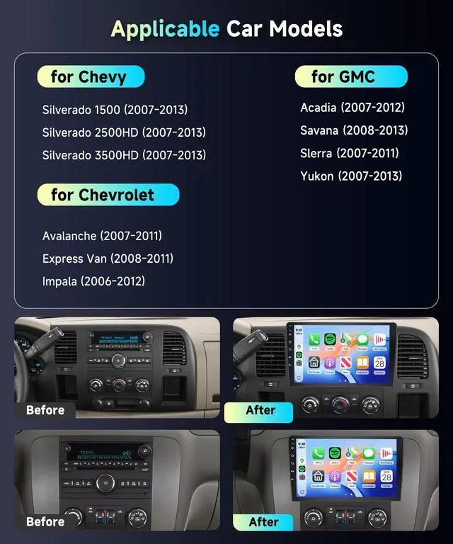 Alt view image 3 of 6 - Car Radio Stereo for Chevy Silverado 2007-2013 Tahoe GMC Sierra Yukon 2G+64G, 10.1" Touch Screen/Wireless CarPlay/Android Auto/DSP EQ/GPS/WiFi/Bluetooth/FM/RDS/SWC/HD Backup Camera