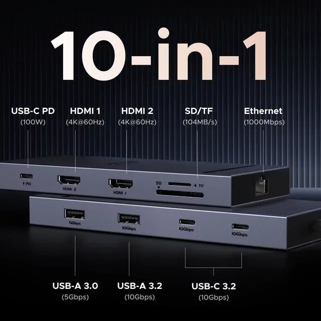 Alt view image 2 of 6 - USB C Docking Station Dual Monitor 4K@60Hz, 10-in-1 Dock with 2xHDMI | 3x10Gbps USB A&C Ports, 1x5Gbps USB-A, SD/TF 3.0, 100W PD, 1000Mbps Ethernet, Revodok Dock for Dell, HP, XPS and More