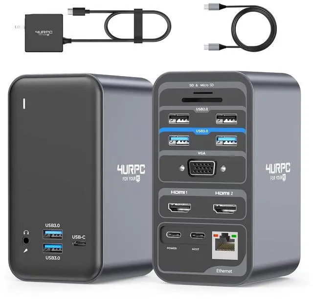 Main image of USB C Docking Station Dual Monitor 7 USB A/C, Plug and Play | 2 HDMI+VGA, SD/microSD, Ethernet, Audio, 65W Power Adapter, Laptop Docking Station for Windows Lenovo/HP/Dell, Home Office
