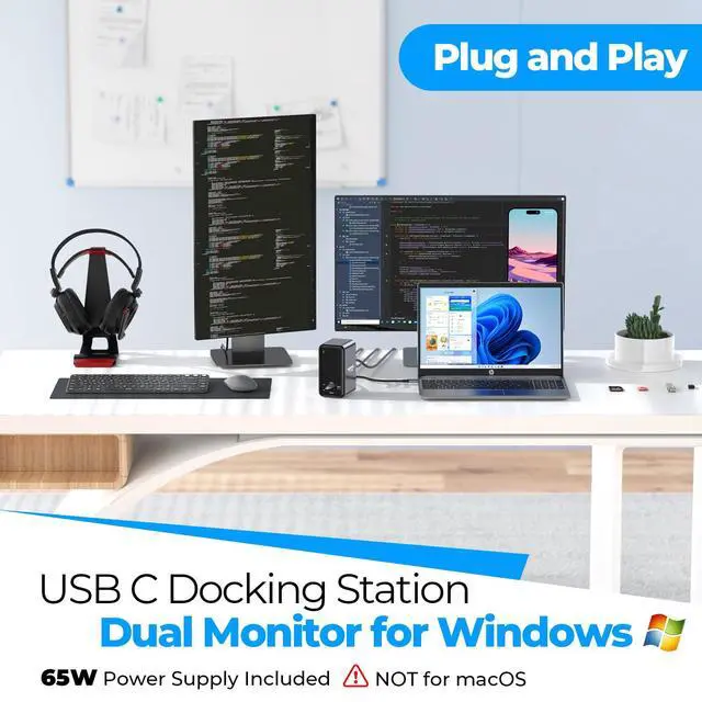 Alt view image 2 of 6 - USB C Docking Station Dual Monitor 7 USB A/C, Plug and Play | 2 HDMI+VGA, SD/microSD, Ethernet, Audio, 65W Power Adapter, Laptop Docking Station for Windows Lenovo/HP/Dell, Home Office