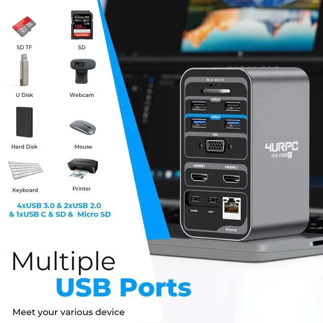 Alt view image 5 of 6 - USB C Docking Station Dual Monitor 7 USB A/C, Plug and Play | 2 HDMI+VGA, SD/microSD, Ethernet, Audio, 65W Power Adapter, Laptop Docking Station for Windows Lenovo/HP/Dell, Home Office