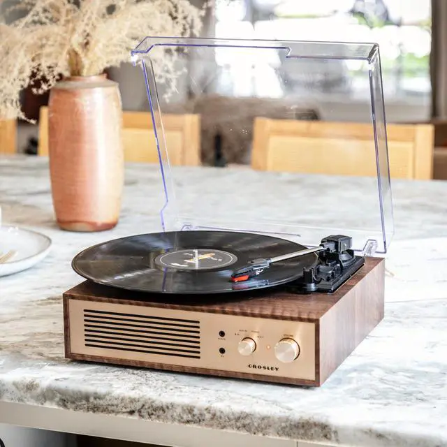 Alt view image 5 of 6 - CR6045A-WA Miles Record Player, Walnut | 3-Speed Turntable, Bluetooth In / Out, Built-in Full-Range Stereo Speakers, Aux Input