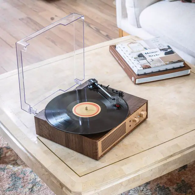 Alt view image 6 of 6 - CR6045A-WA Miles Record Player, Walnut | 3-Speed Turntable, Bluetooth In / Out, Built-in Full-Range Stereo Speakers, Aux Input
