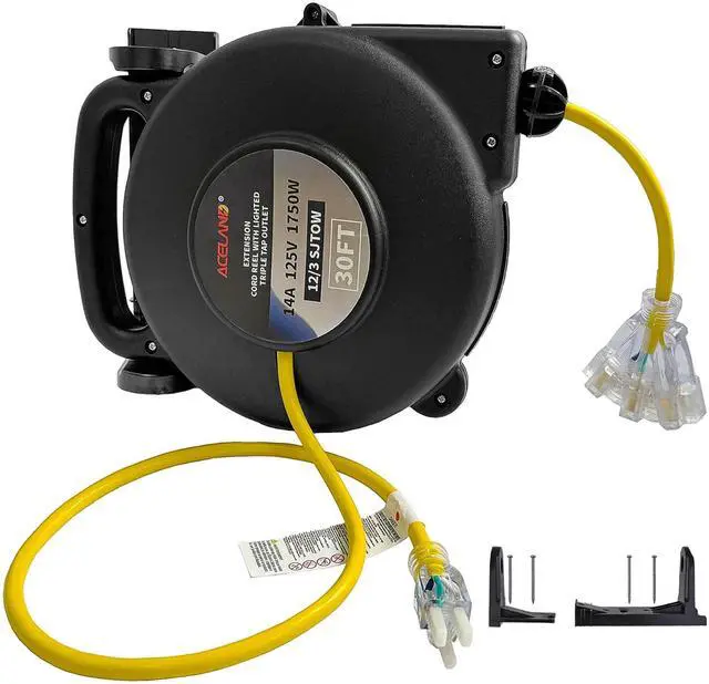 Main image of 12 Gauge 30 FT SJTOW Retractable Extension Cord, Heavy Duty Power Cord, 14 Amp 125V 1750W, Triple Outlet Electric Cord Reel, Ceiling or Wall Mount, UL Listed