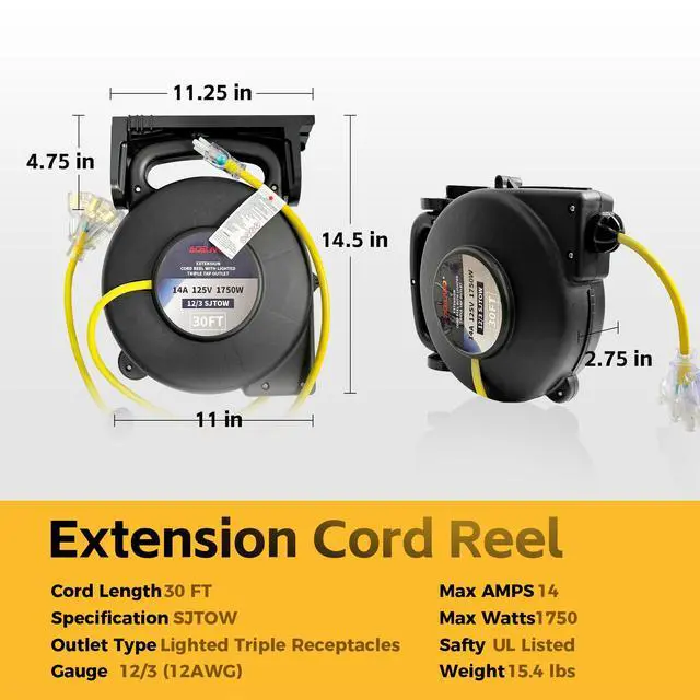 Alt view image 2 of 6 - 12 Gauge 30 FT SJTOW Retractable Extension Cord, Heavy Duty Power Cord, 14 Amp 125V 1750W, Triple Outlet Electric Cord Reel, Ceiling or Wall Mount, UL Listed