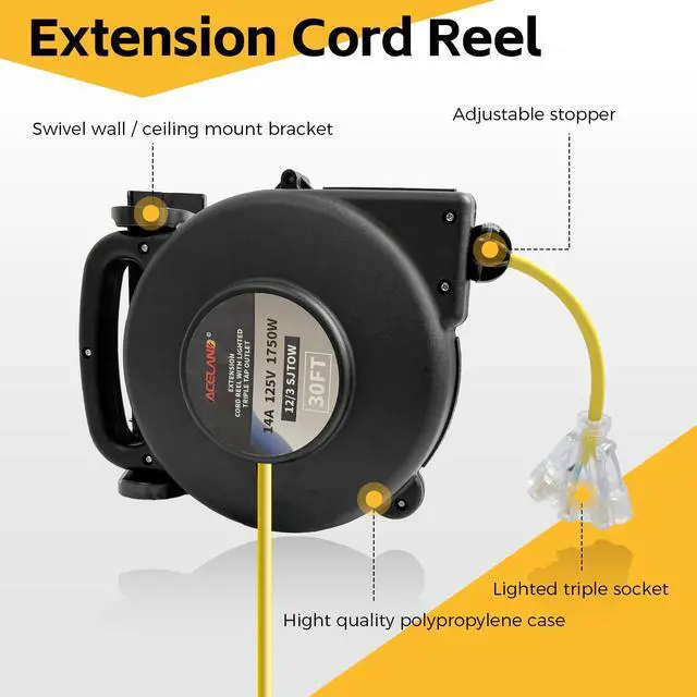 Alt view image 3 of 6 - 12 Gauge 30 FT SJTOW Retractable Extension Cord, Heavy Duty Power Cord, 14 Amp 125V 1750W, Triple Outlet Electric Cord Reel, Ceiling or Wall Mount, UL Listed