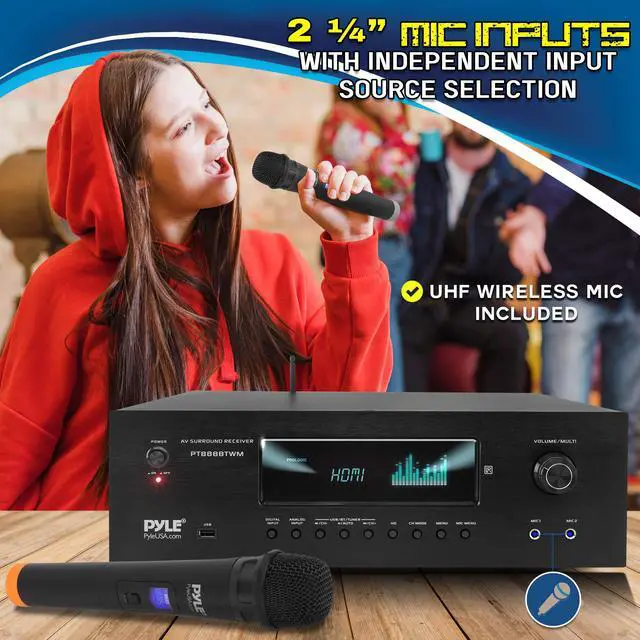 Alt view image 4 of 6 - 1000W Bluetooth Home Theater Karaoke Receiver - 5.2-Ch Stereo Amplifier 2 UHF Wireless Microphone Video Pass-Through Supports, MP3/USB/HDMI/AM/FM Radio - PT888BTWM.5