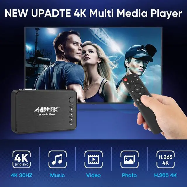 Alt view image 2 of 6 - Updated 4K@30hz HDMI TV Media Player with HDMI/AV/VGA Output |, Digital MP4 Player for 14TB HDD/ 256G USB Drive/SD Card/H.265 MP4, with Remote Control for MP3 AVI RMVB MPEG etc