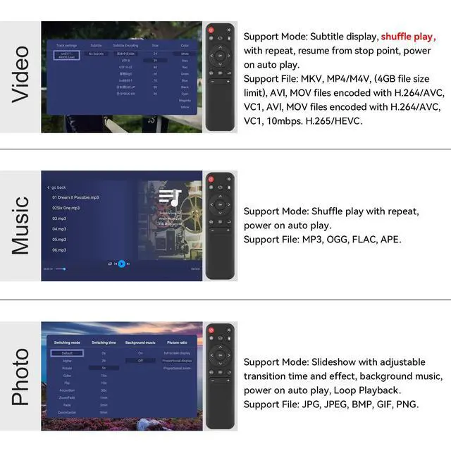 Alt view image 4 of 6 - Updated 4K@30hz HDMI TV Media Player with HDMI/AV/VGA Output |, Digital MP4 Player for 14TB HDD/ 256G USB Drive/SD Card/H.265 MP4, with Remote Control for MP3 AVI RMVB MPEG etc