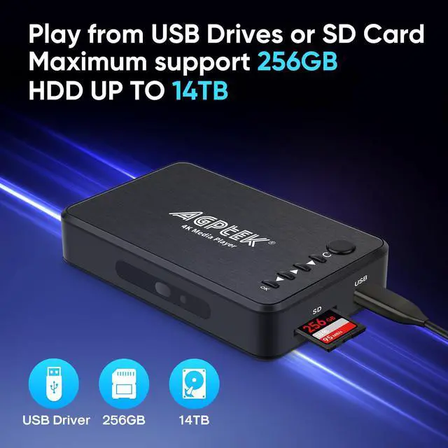 Alt view image 6 of 6 - Updated 4K@30hz HDMI TV Media Player with HDMI/AV/VGA Output |, Digital MP4 Player for 14TB HDD/ 256G USB Drive/SD Card/H.265 MP4, with Remote Control for MP3 AVI RMVB MPEG etc