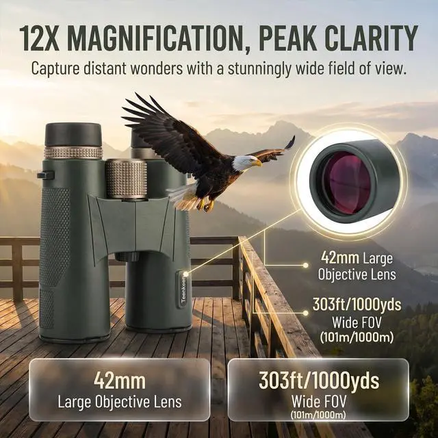 Alt view image 2 of 6 - 12x42 ED UHD Binoculars for Adults, High Power Binoculars with Phone Clip, BAK4 Prism FMC Coating, IP67 Waterproof Fogproof, Low Light Vision Bird Watching Hunting Sports Stargazing Cruise
