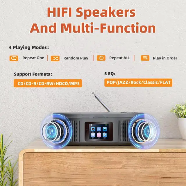 Alt view image 6 of 6 - Boombox CD Player Portable with Bluetooth TX/RX Modes and FM Radio | Rechargeable and Dual Stereo Speakers for Home/Car with Remote Support USB, AUX in, Headphone Jack