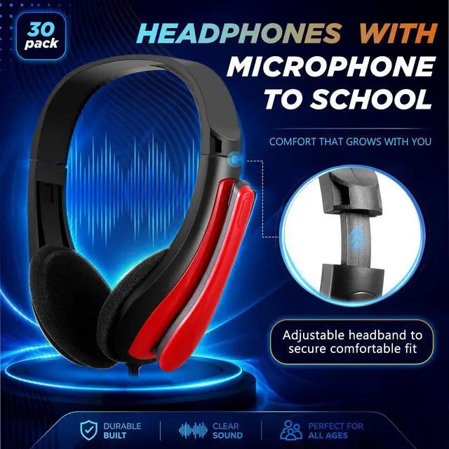 Alt view image 2 of 6 - 30 Pack Bulk Classroom Headphones with Microphone Students Wired School Class Set Headphones for School Library Computer Office Adults 3.5 Jack Universal Plug (Red Blue)