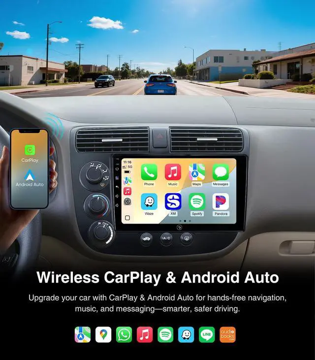Alt view image 3 of 6 - 9 inch Touchscreen Car Stereo Radio for Honda Civic 2001 2002 2003 2004 2005 with Wireless CarPlay Android Auto 2G+32G Bluetooth GPS Navigation WiFi FM AM HD Backup Camera Mic
