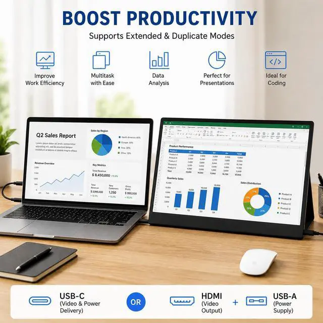 Alt view image 3 of 6 - 13.5" Portable Monitor 2256x1504 IPS Laptop Screen, Slim Lightweight Dual USB C HDMI Computer Gaming Display with Speakers, Travel Monitor for PC Phone PS5/4 Xbox Switch