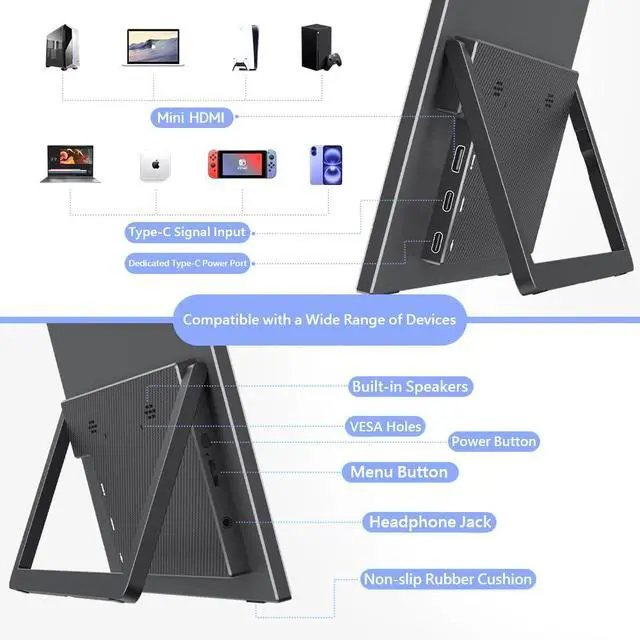 Alt view image 6 of 6 - 13.5" Portable Monitor 2256x1504 IPS Laptop Screen, Slim Lightweight Dual USB C HDMI Computer Gaming Display with Speakers, Travel Monitor for PC Phone PS5/4 Xbox Switch