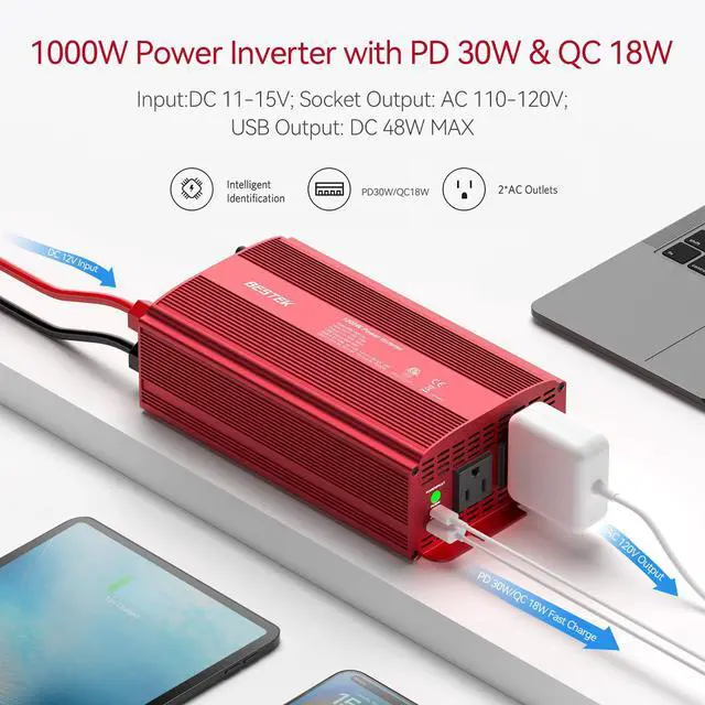 Alt view image 2 of 6 - 1000W Power Inverter for Vehicles DC 12V to AC 110V Inverter | 2 AC Outlets/PD 30W USB-C Port/18W USB A Quick Charge Port/Multi-Protection/Car Charger Adapter for Car/RV/Truck/Home