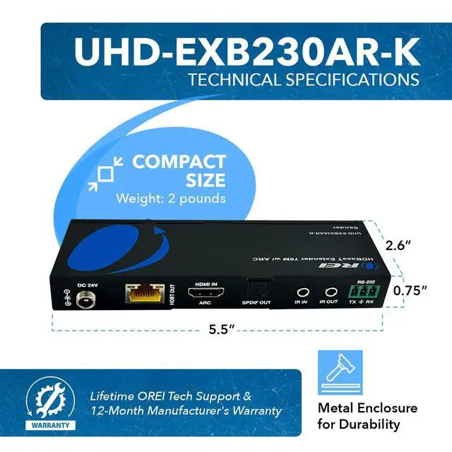 Alt view image 5 of 6 - HDMI Cat7 Extender 230ft HDBaseT, 4K2K@60Hz, Two-Way IR, HDR, ARC, POC | HDMI Extender with ARC, HDMI Extender ARC HDCP 2.2, 18Gbps, Dolby 5.1, DTS 5.1, PCM 2.0, EDID, Bi-directional IR PoC