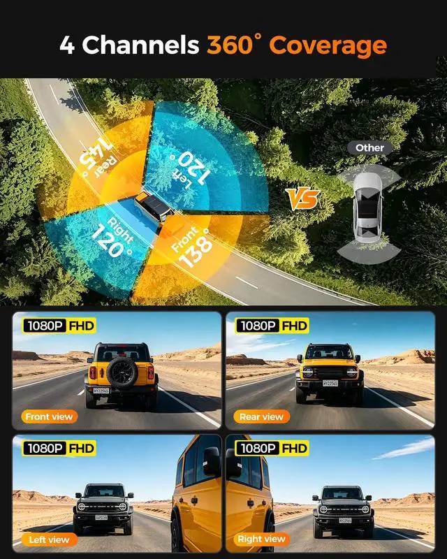 Alt view image 2 of 6 - 4 Channel Mirror Dash Cam,12" Rear View Mirror Camera,1080P Front Rear Left Right Dash Camera for Car, WiFi Smart Rear View Mirror Camera with 64GB Card, Night Vision, 24H Parking Monitor, G-Sensor