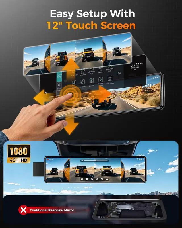 Alt view image 5 of 6 - 4 Channel Mirror Dash Cam,12" Rear View Mirror Camera,1080P Front Rear Left Right Dash Camera for Car, WiFi Smart Rear View Mirror Camera with 64GB Card, Night Vision, 24H Parking Monitor, G-Sensor