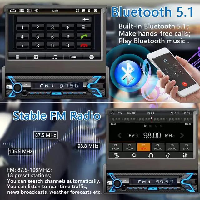 Alt view image 3 of 6 - Single Din Flip Up Screen Car Stereo with Apple Carplay&Android Auto | 7inch Flip Out Touchscreen Car Radio with Bluetooth Car Audio Receivers, MirrorLink, Camera, FM/USB/AUX/TF/Subwoofer
