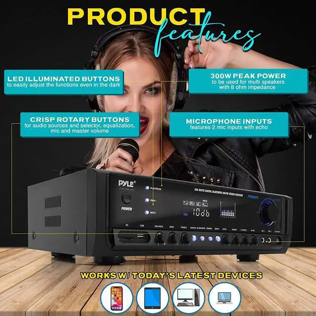 Alt view image 4 of 6 - Wireless Home Entertainment Amplifier - 300W 4 Channel Stereo Sound Receiver - Easy Karaoke w/ Dual Mic, USB-A In, RCA In, Aux In, RCA Out, Public Address, Commercial, Studio - PT390BTU