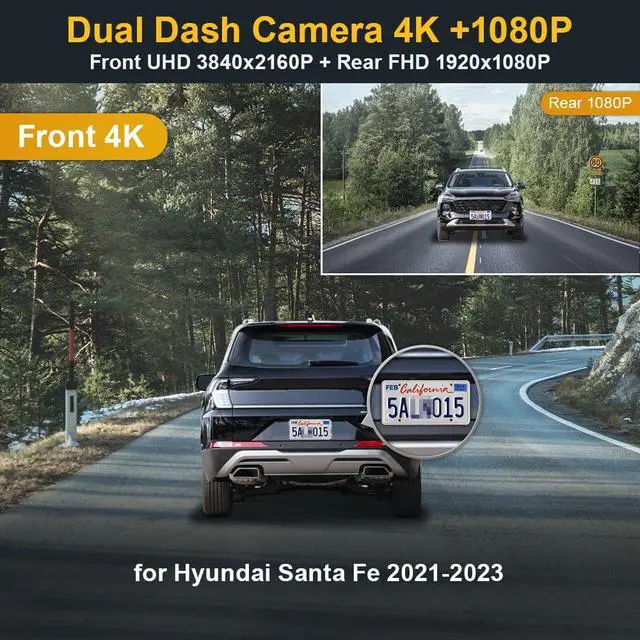 Alt view image 2 of 6 - Front 4K+Rear 1080P Dash Cam Adapts for Hyundai Santa Fe 2021-2023 (#S1500 S2500) has Auto-Dimming, OEM Style, Dual HD Video, WiFi & APP, Loop Recording, G-Sensor, Easy to Use, 128GB Card
