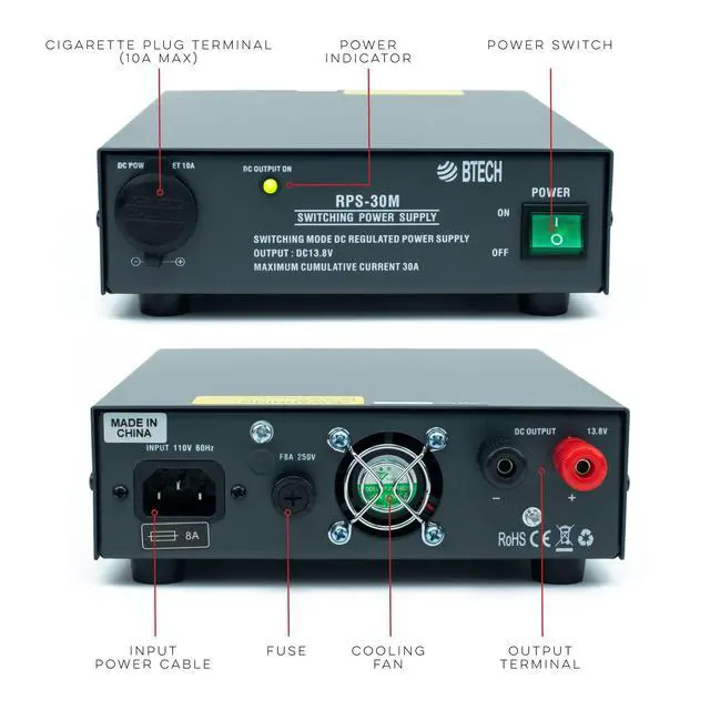 Alt view image 3 of 6 - RPS-30M 30 Amp Compact Regulated Bench Power Supply - 13.8V AC-to-DC Converter with Screw Terminals & Cigarette Plug Output