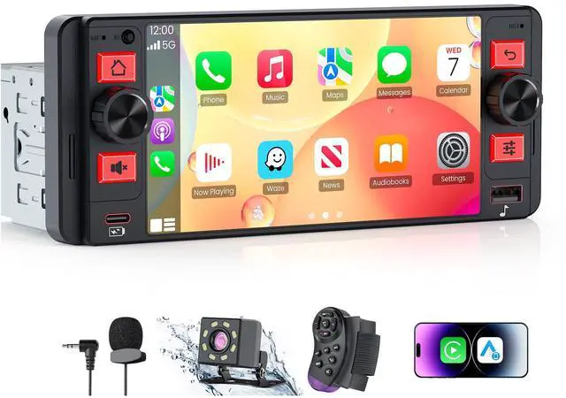 Main image of Single Din Car Stereo with Wireless Apple CarPlay and Android Auto, Single Din Touchscreen Radio Incell UHD Car Radio with 1080P Backup Camera, Mirror Link, Bluetooth 5.3, GPS, AM&FM, Type-C, EQ
