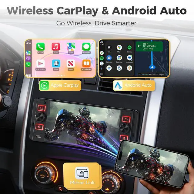 Alt view image 2 of 6 - Single Din Car Stereo with Wireless Apple CarPlay and Android Auto, Single Din Touchscreen Radio Incell UHD Car Radio with 1080P Backup Camera, Mirror Link, Bluetooth 5.3, GPS, AM&FM, Type-C, EQ