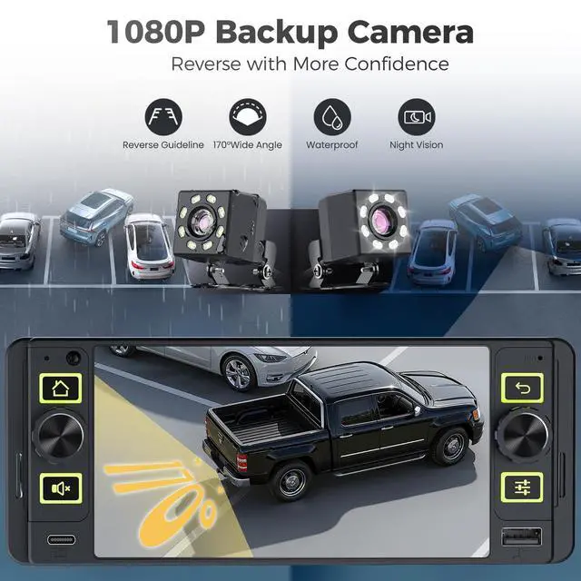 Alt view image 6 of 6 - Single Din Car Stereo with Wireless Apple CarPlay and Android Auto, Single Din Touchscreen Radio Incell UHD Car Radio with 1080P Backup Camera, Mirror Link, Bluetooth 5.3, GPS, AM&FM, Type-C, EQ